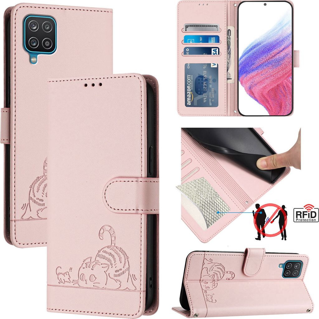 Leder Hülle für Samsung Galaxy A12 / M12 Süße Katze Flip Case Brieftasche Schutzhülle mit Standfunktion Pink