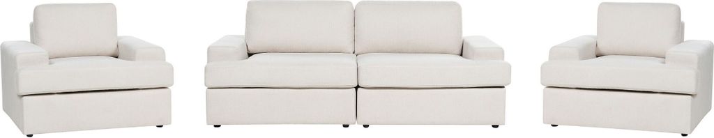 BELIANI Sofa Set 3-Teilig Hellbeige Stoffbezug 3-Sitzer Sofa und 2 Sessel Breite Armlehnen Sitzfläche Dicke Sitzkissen Retro Stil Wohnzimmer Sitzm...
