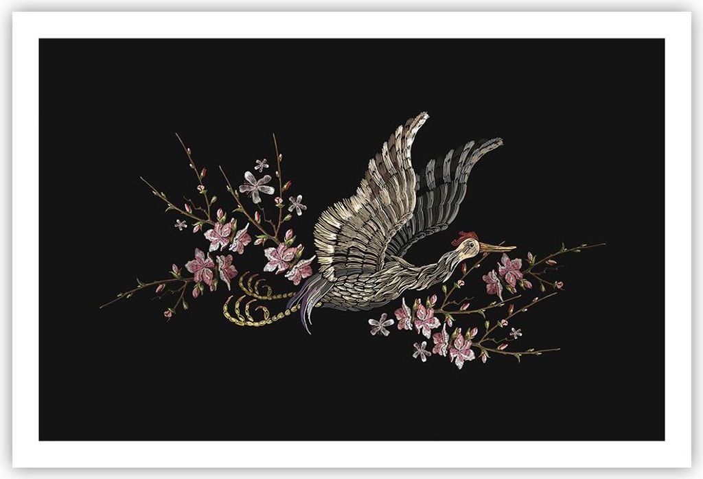 Poster - Poster ohne Rahmen - Asiatisch Vogel Blumen - Produktbild 