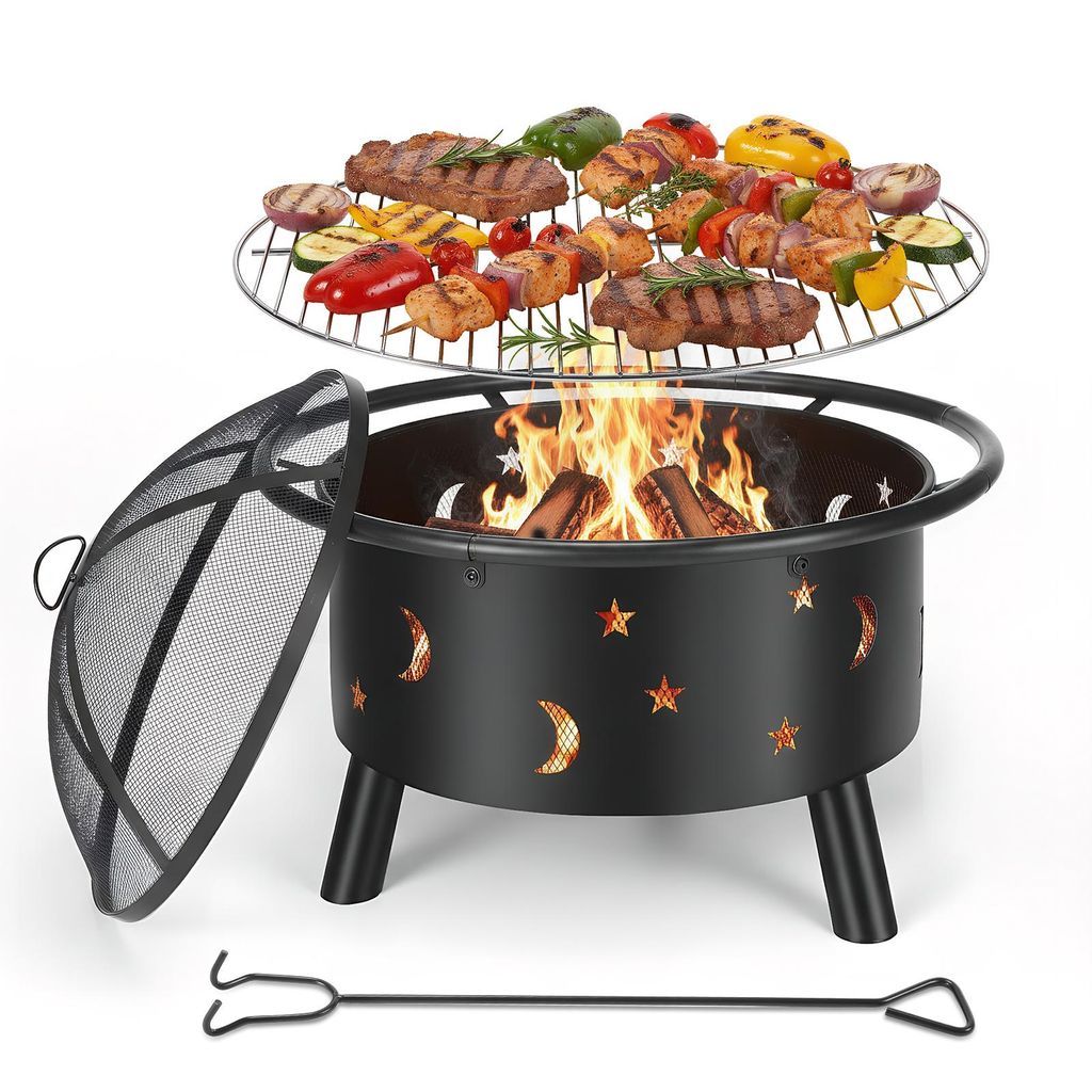 Neu Holzkohlegrill Campinggrill mit BBQ Grillrosten und Schürhaken, inkl. Funkenschutz, Outdoor Feuerschale mit Kochrost für Garten, Camping, Party