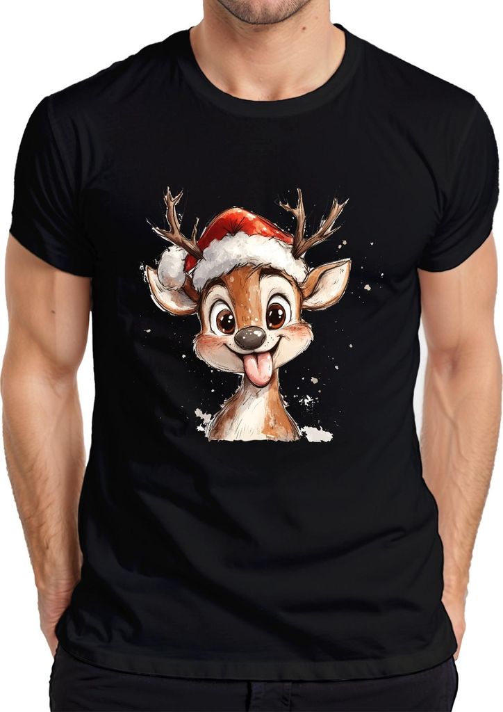 Lustiges Rentier Weihnachten Geschenk Kinder süß Zunge Vintage Herren T-Shirt, Schwarz, XXL