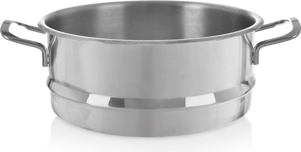 A stainless steel steamer pot with handles, shown from the side against a white background.