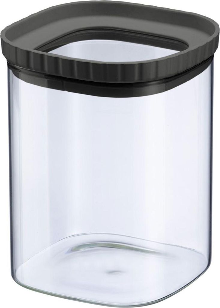 A clear studio shot of a glass food storage container with a gray lid.