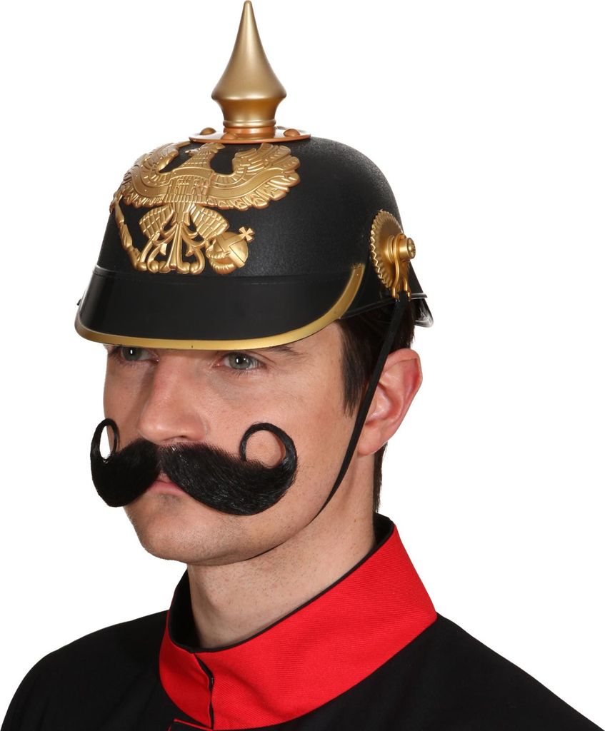 A man wearing a historical military helmet and a fake mustache.