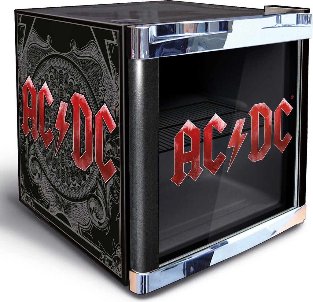 A mini-fridge with an AC/DC theme.