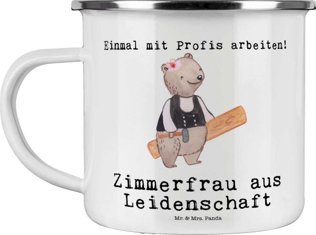 Mr. & Mrs. Panda Camping Emaille Tasse Zimmerfrau Leidenschaft - Weiß - Geschenk, Haferl, Teetasse, emaillebecher, Becher, Pott
