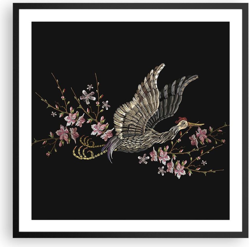 Gerahmtes Poster - Schwarzer Rahmen - Asiatisch Vogel Blumen - 60x60 cm - Wand Bild - Wanddeko - Wandbilder - Kunstposter - Wandposter - Bilderrahm...