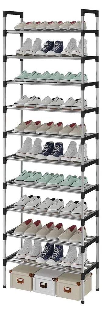 Grand meuble de rangement chaussures 10 étages en métal argenté robuste