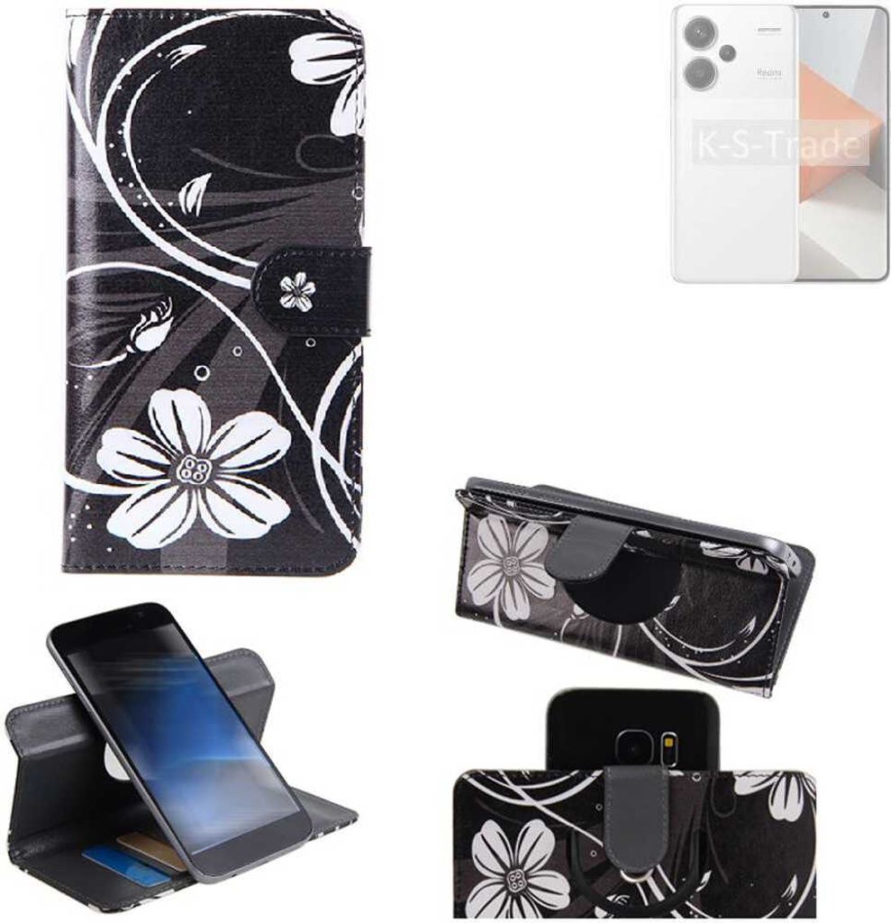 K-S-Trade Schutzhülle Handyhülle kompatibel mit Xiaomi Redmi Note 13 Pro+ Hülle 360° Wallet Case “Flowers“ Klapphülle Hülle schwarz-weiß 1x
