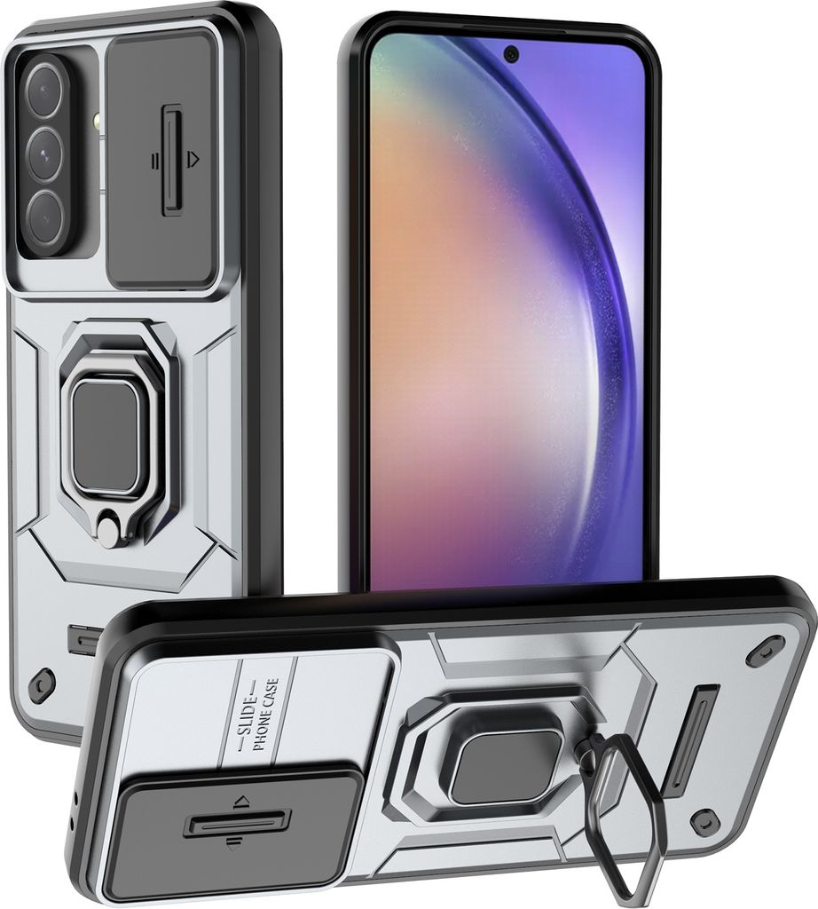 Hülle für Samsung Galaxy A56 / A36 Dual Layer Handyhülle Schiebe Kamera Schutz und Ringhalter Ständer Grau
