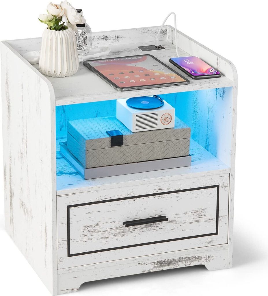 Nachttisch mit LED-Leuchte, 1 USB & Type-C-Anschluss & Körperinduktionsfunktion, Sofatisch mit Schublade & offenen Fächern, 45x40x50cm (Weiß)