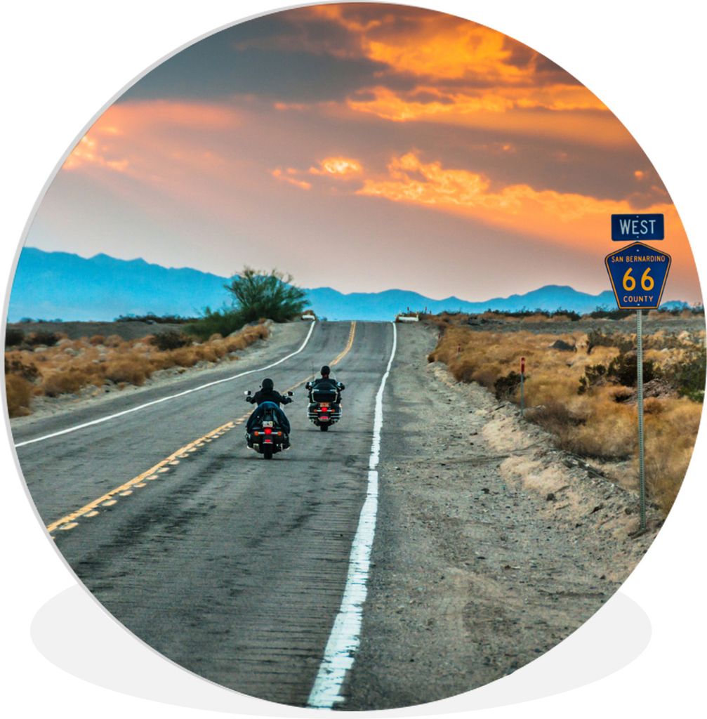 MuchoWow Rundes Wandbild - Runde Bilder Motorrad - Route 66 - Sonnenuntergang Ø 90 cm Kreis Wanddekoration Kunststoff - Wandkreis - Wandschmuck ...
