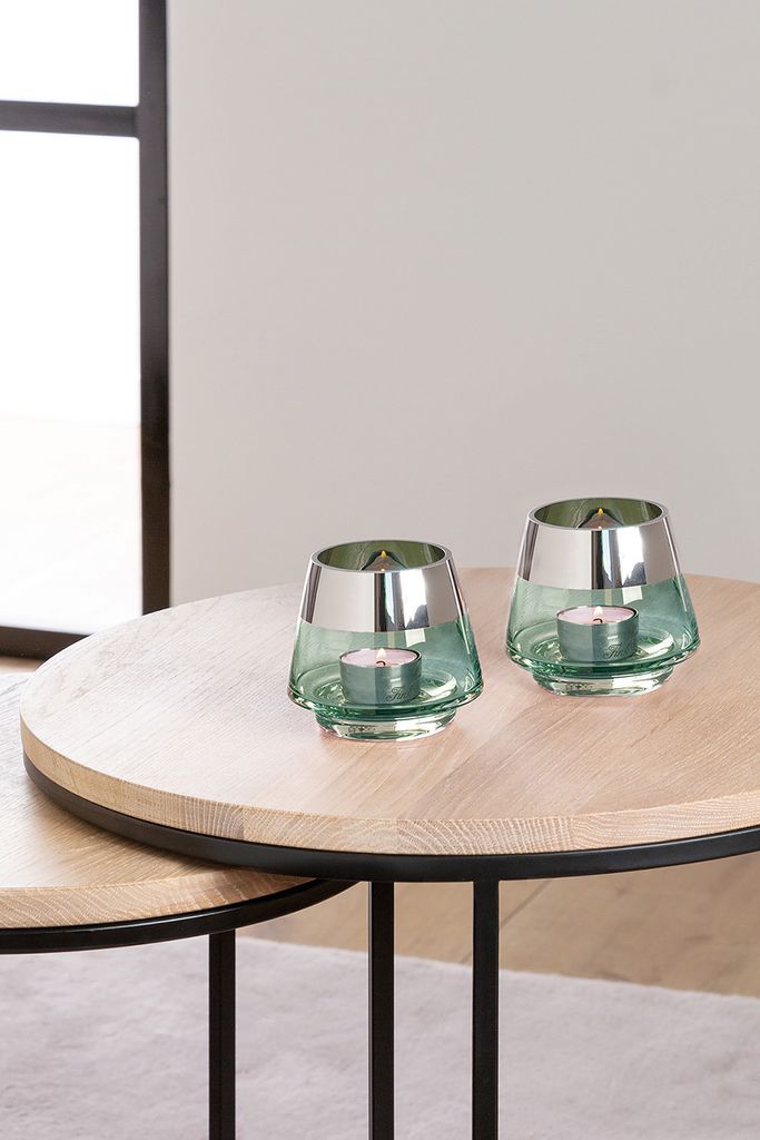 JONA Teelichthalter - H.9cm x D.11cm - Glas - silberfarben/türkis