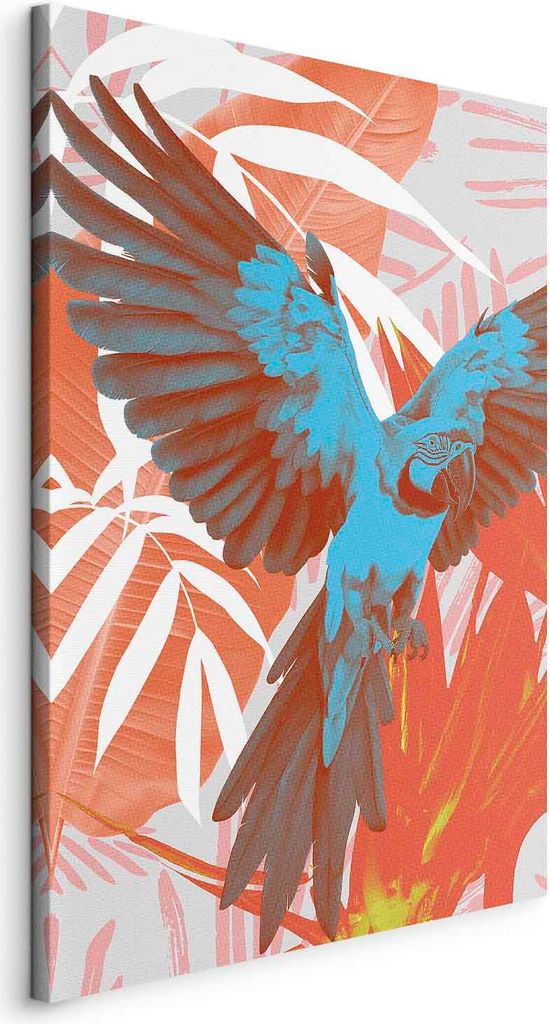 Italienischer Leinwand Leinwandbild - Exotic Wings - Parrot Among Abstract Leaf Patterns 60x90 cm Tiere g-C-10185-b-a