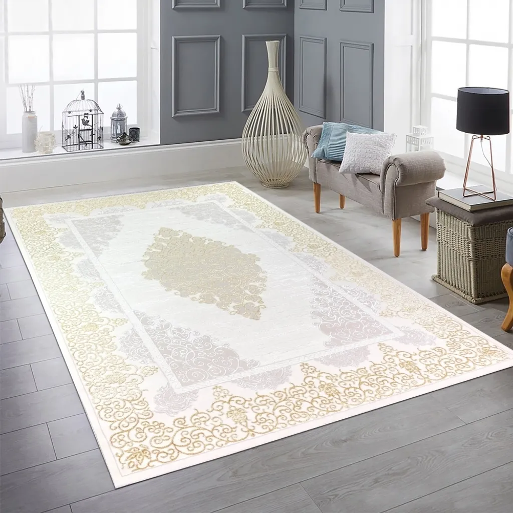Tapis design oriental ornement blanc or gris élégant - 120 x 170 cm