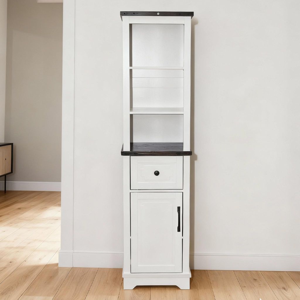 Hochschrank multifunktional 39,5x29,5x160 cm Weiss Dunkelholz mit offenen Faechern Schublade und Tuer Aufbewahrung Design Retro Wohnzimmer Schlafzi...