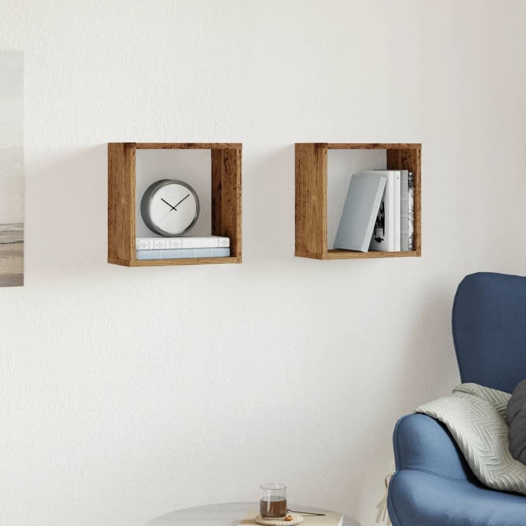 "2026 Aktion"Schweberegal schlichte Design - Hängeregal 10Kg belastbar - Würfel-Wandregale 2 Stk. Altholz-Optik 30x15x30 Holzwerkstoff DEMöbel 7...