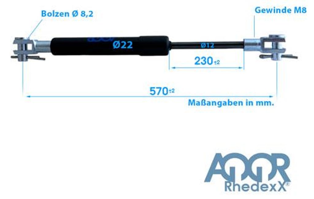 Gasdruckfeder Gasdruckdämpfer Gabelkopf 570mm/230mm 100N-1.250N M8
