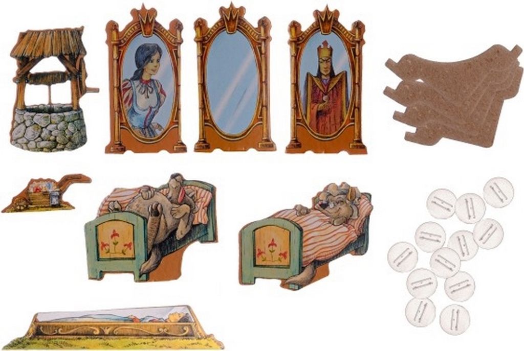 A collection of miniature diorama pieces, likely for a play or display, including a well, mirrors, beds with figures, and a glass coffin.