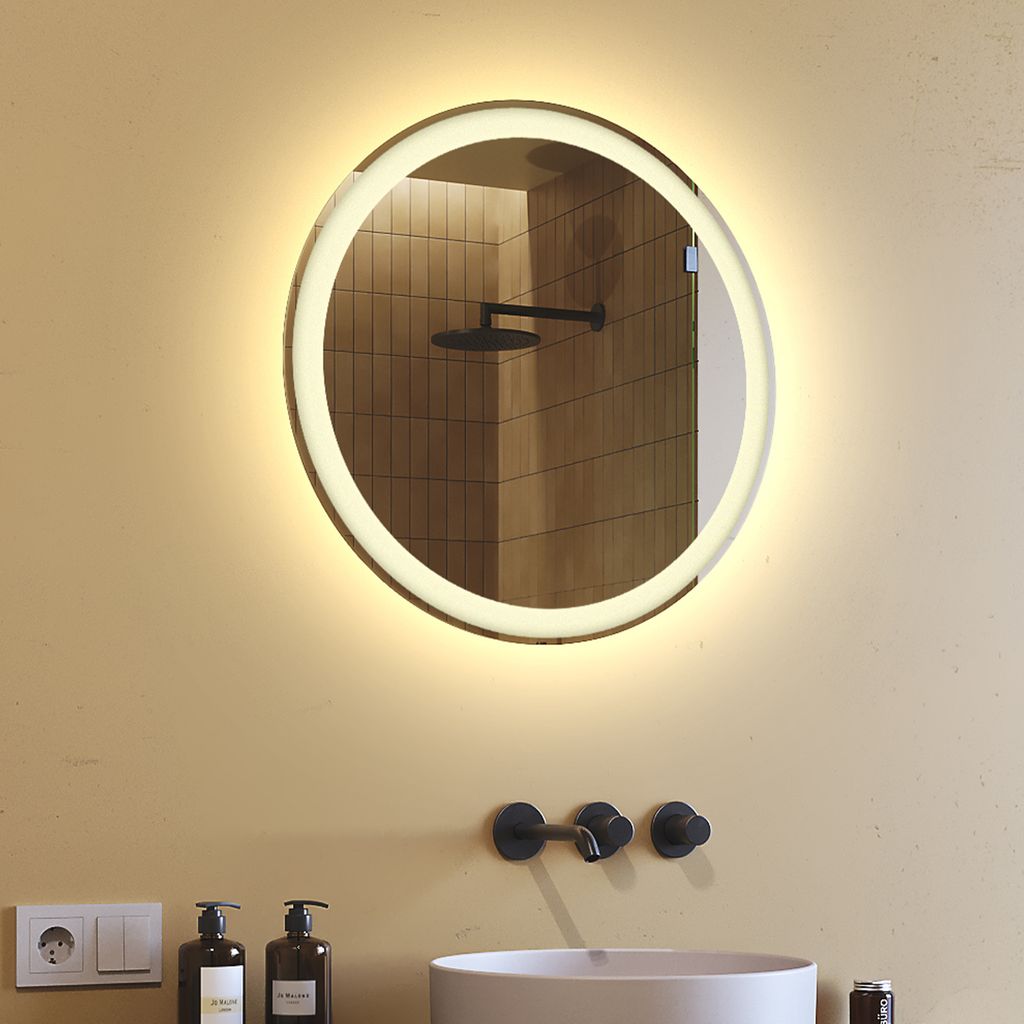 Spiegel mit Beleuchtung 60 cm- Rund Badezimmerspiegel mit LED Beleuchtung - Warmweiß 3000K - LED Badspiegel Lichtspiegel OKR076
