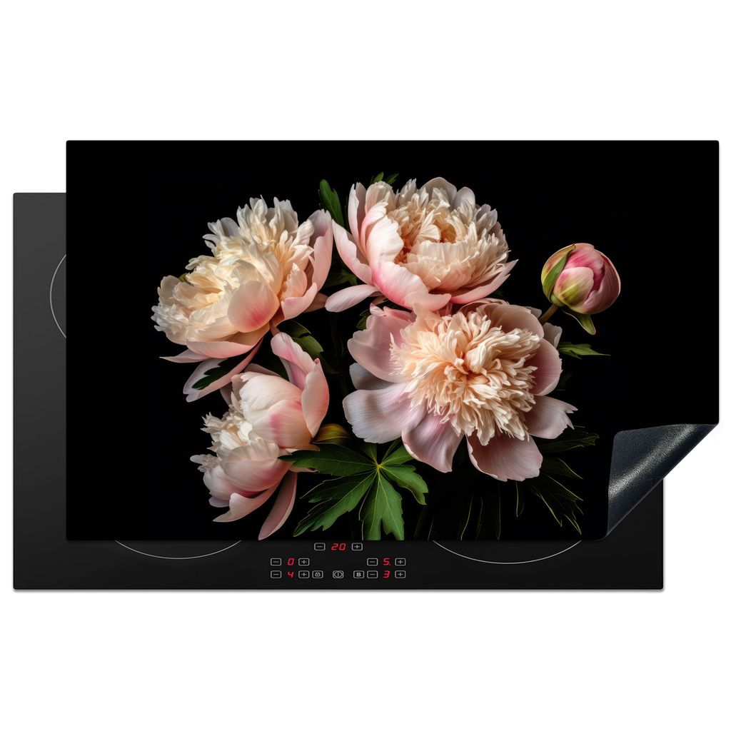 KitchenYeah Herdabdeckplatte Pfingstrosen - Blumen - Natur - Rosa - Weiß , 85x52cm, Küche Deko, Glaskeramikkochfeld Herdabdeckung, Abdeckplatte...