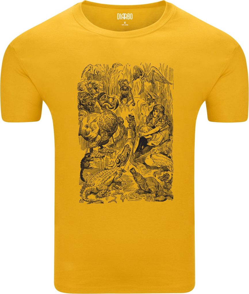 Diarbo Herren T-Shirt mit Aufdruck Alice im Wunderland Alice mit Tieren Gelb Gr.S