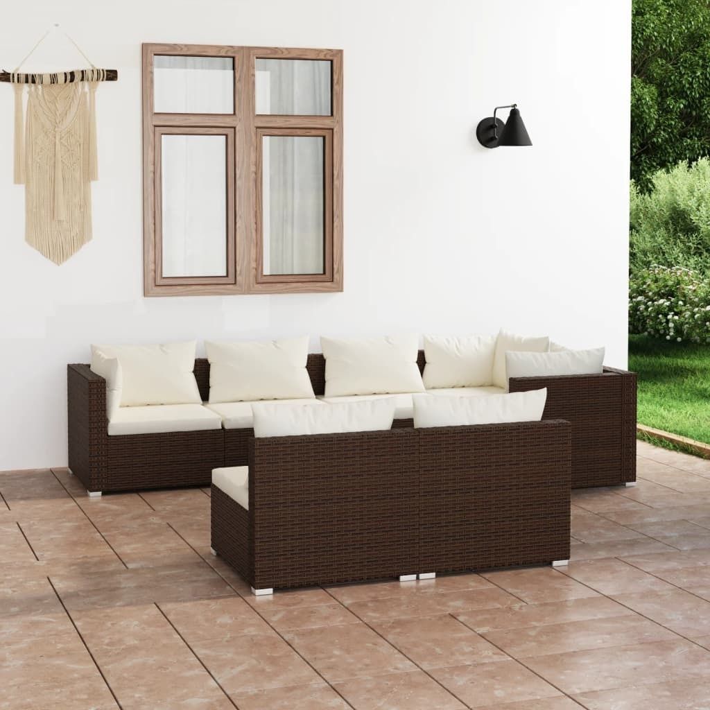 Möbel 7-tlg. Garten-Lounge-Set mit Kissen Braun Poly Rattan - Balkonmöbel 3102386