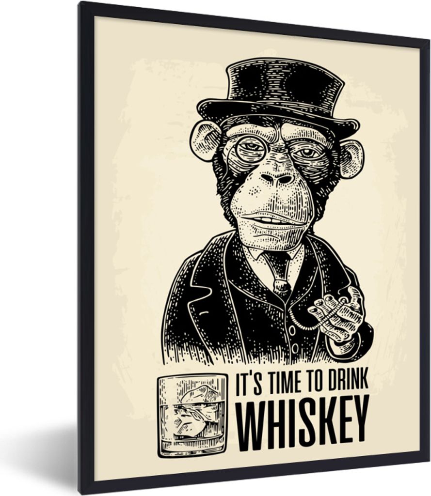 MuchoWow MuchoWow Gerahmtes Poster Mancave - Jahrgang - Whiskey - Affe 30x40 cm - Poster mit zchwarzem Bilderrahmen - Wanddeko - Kunstdrucke