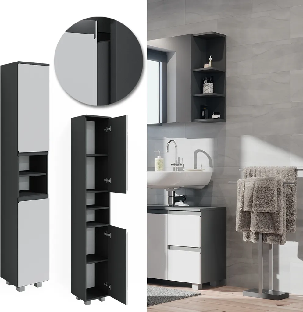 Armoire de Salle de Bain Slim Vicco J-Shape 30x190 cm - Blanc Épuré