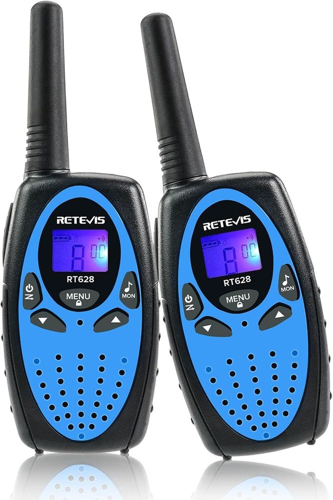 Two black and blue Retevis RT628 walkie-talkies are shown against a white background.