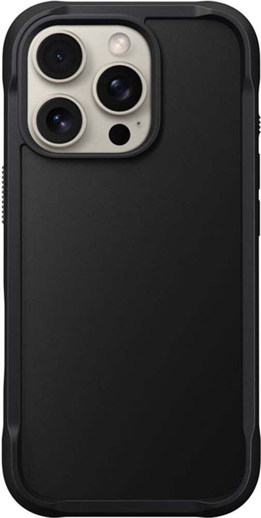 A black iPhone case is shown from the back, with a close-up of the camera module.