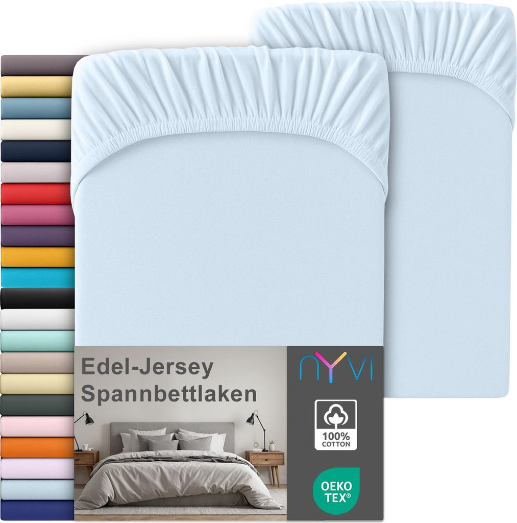 Edel Jersey Spannbettlaken Deluxe für Matratzen bis 25 cm Steghöhe - 100% Baumwolle supergekämmt, 140g/m², Rundumgummizug, Farbe:Hellblau, Grö...
