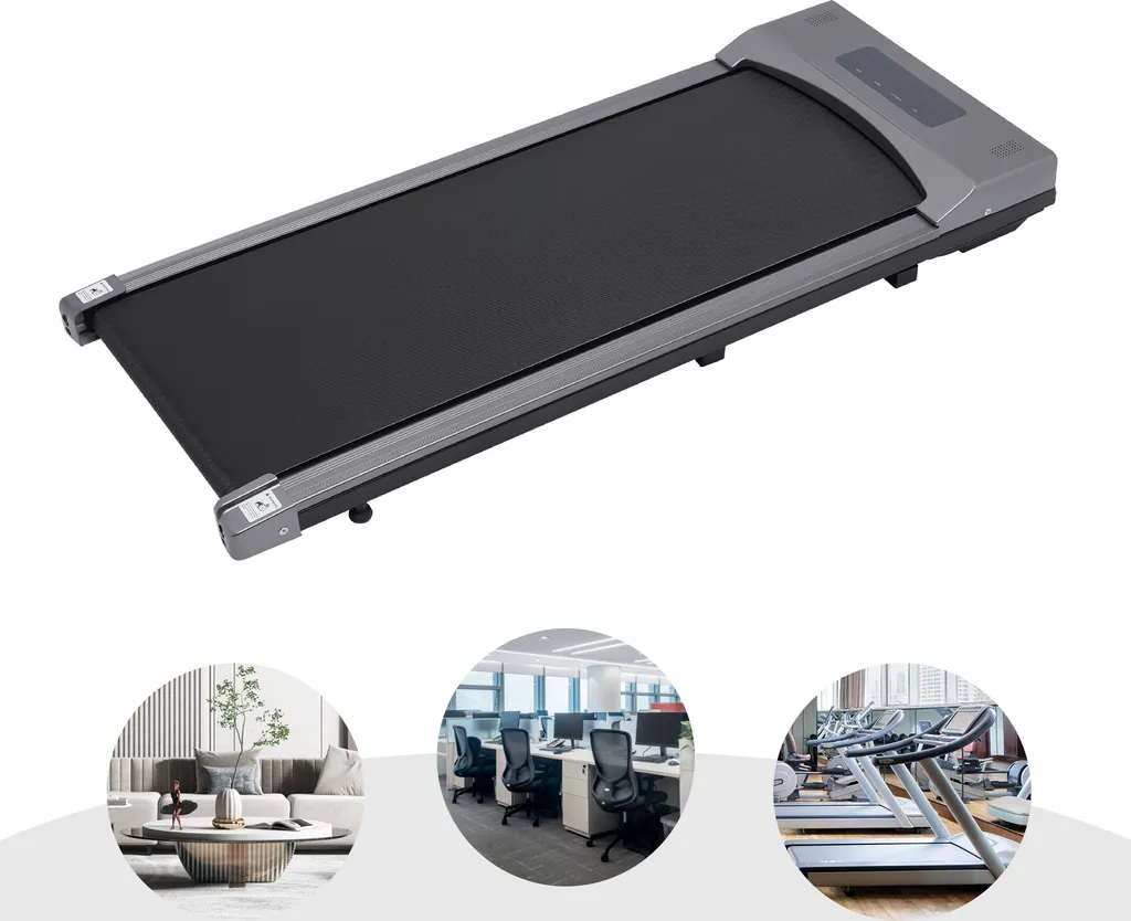 Tapis de course motorisé gris avec écran LED et télécommande sans fil