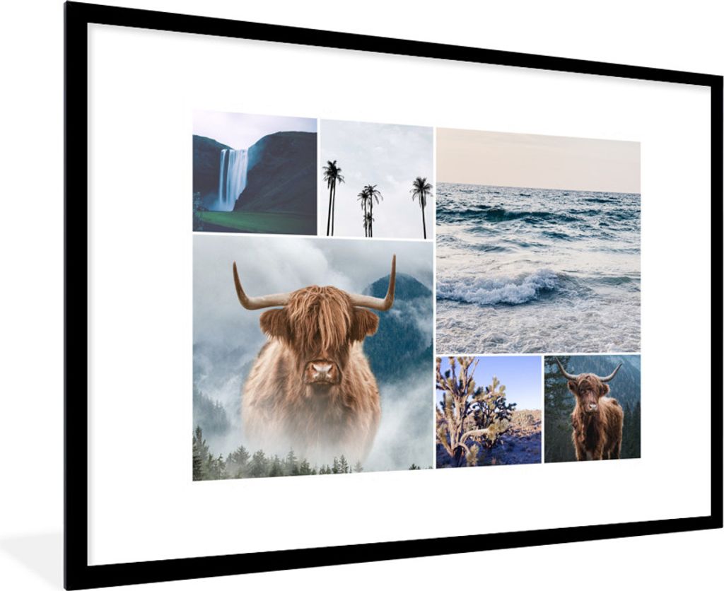 MuchoWow MuchoWow Gerahmtes Poster Schottisches Hochlandrind - Collage - Wasserfall - Palme 90x60 cm - Poster mit zchwarzem Bilderrahmen - Wand...