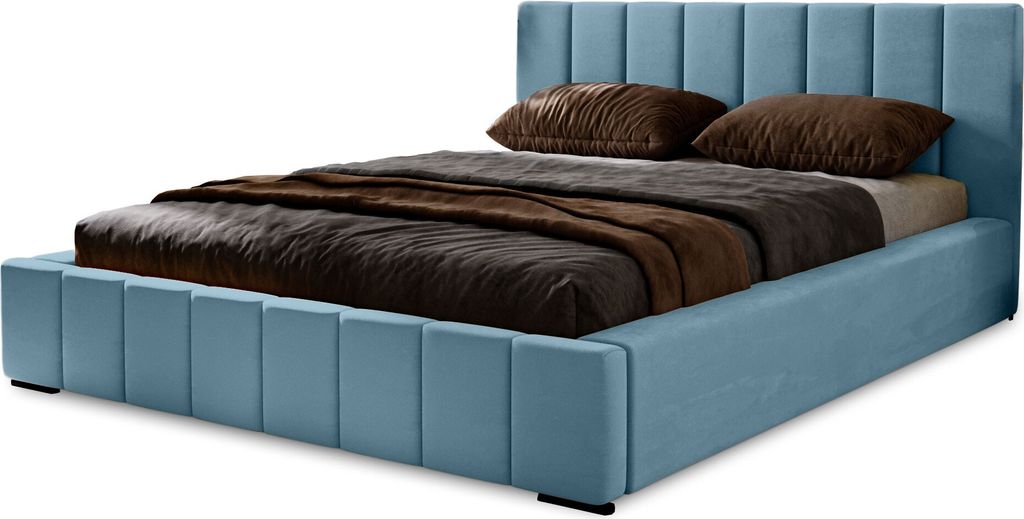 Polsterbett Nero 120x200 cm, Bett mit Kopfteil, Doppelbett mit Bettkasten und Lattenrost aus Holz, Velourstoff: Hellblau