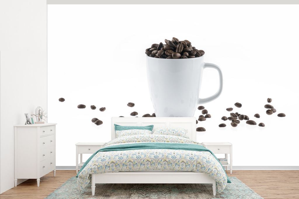 MuchoWow Fototapete für Wohnzimmer oder Schlafzimmer Wandtapete Vinyl Motivtapete Eine weiße Kaffeetasse, gefüllt mit Kaffeebohnen - 405x260 c...