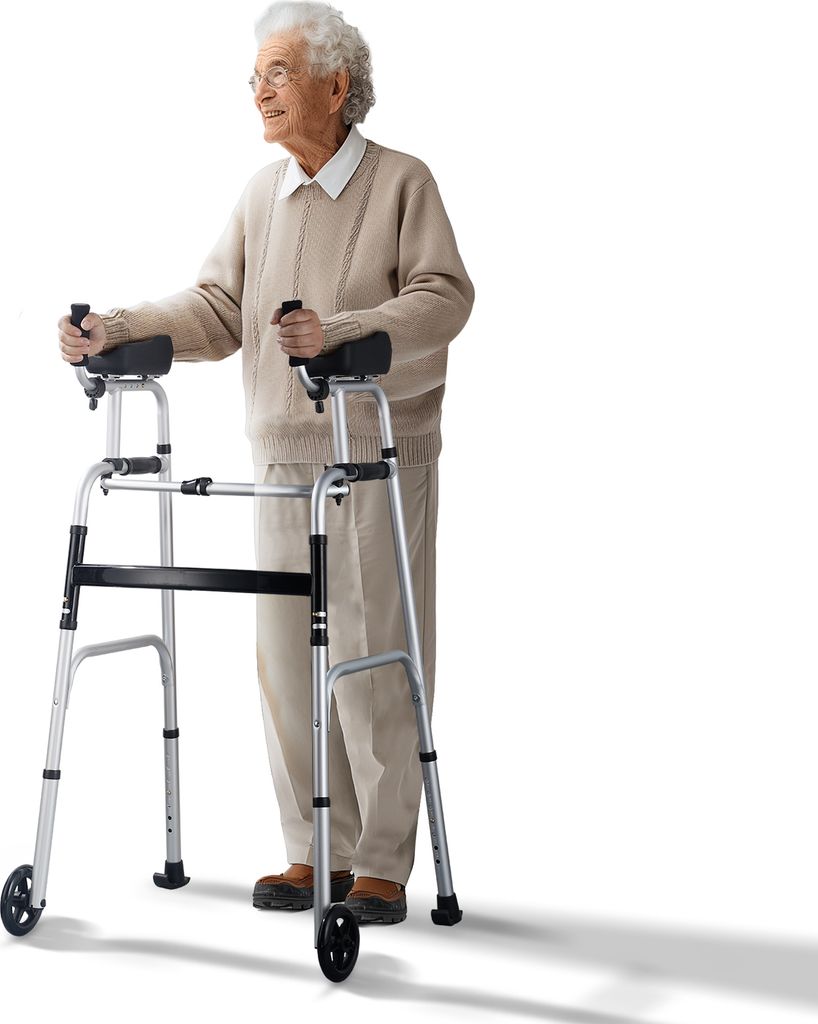 An elderly man stands with a walker.