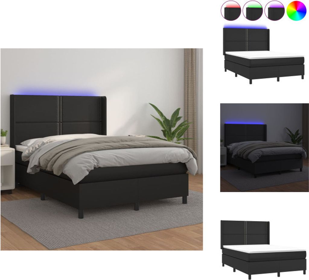 vidaXL Boxspringbett mit Matratze & LED Schwarz 140x190 cm Kunstleder - Betten & Bettgestelle