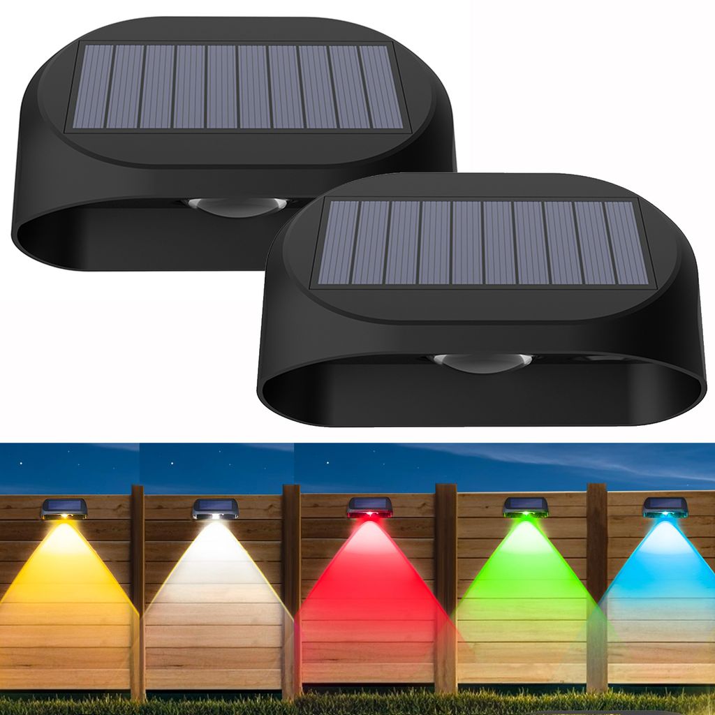 2 Stück LED Solar Zaunlicht Außen Wandleuchte RGBW 3 Lichtmodi Wasserdicht Gartenleuchte Solarlampe für Terrasse, Garten, Treppe, Balkon