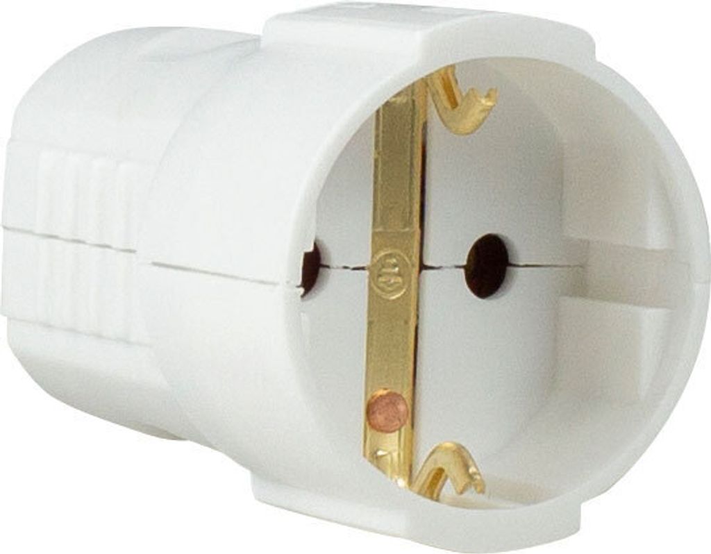 A close-up view of a white electrical adapter plug.