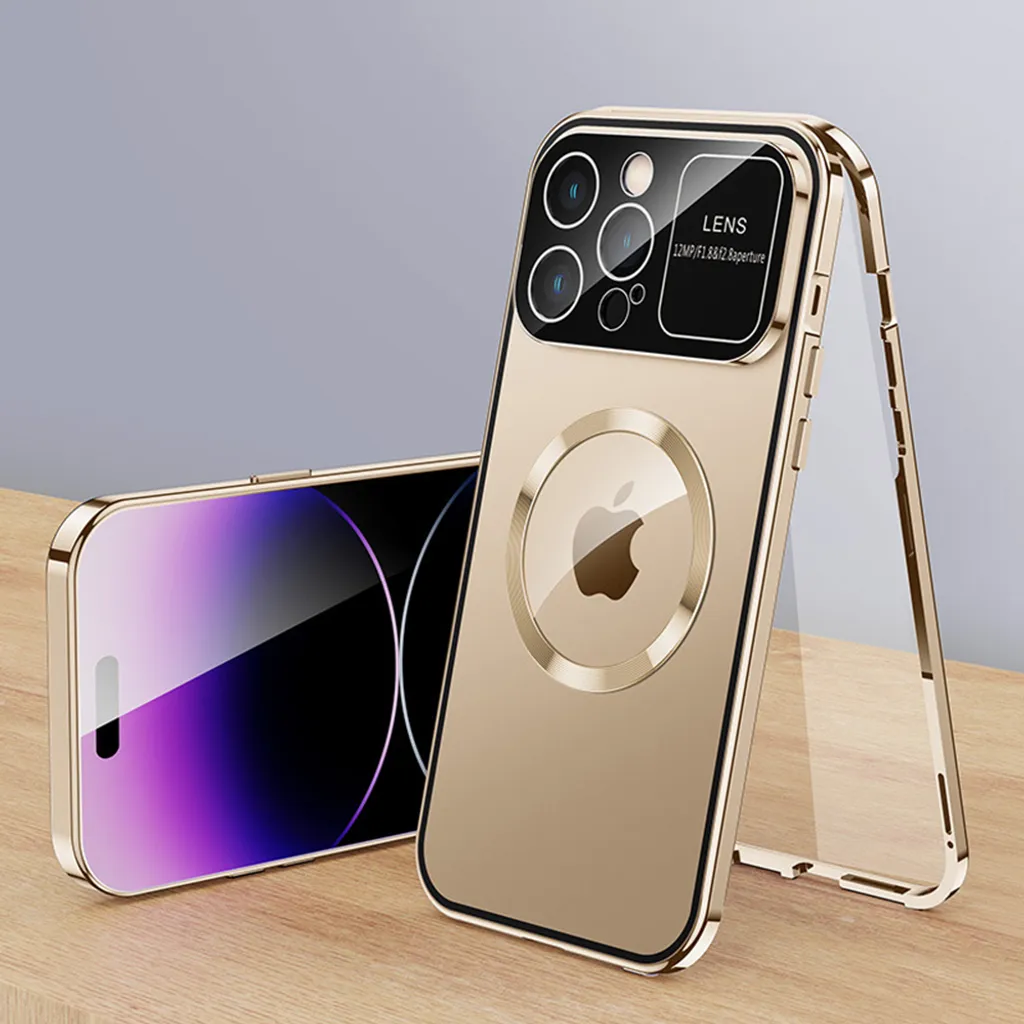 Custodia per iPhone 13 Pro Max compatibile con MagSafe, assorbimento magnetico, struttura in metallo, protezione integrale con vetro anteriore Gold