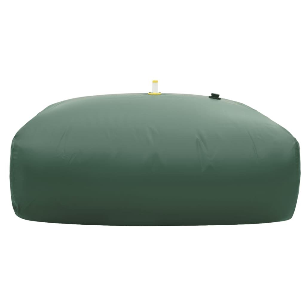 A large, green, flexible water tank is shown against a white background.