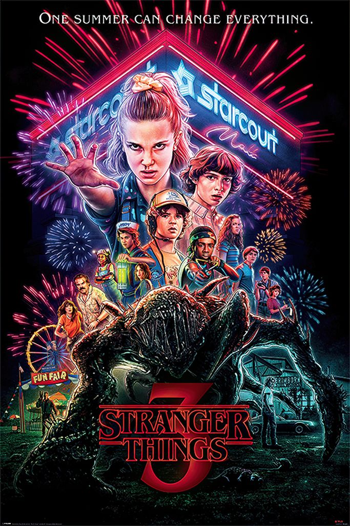 A movie poster for Stranger Things 3 featuring the main characters and a monster.