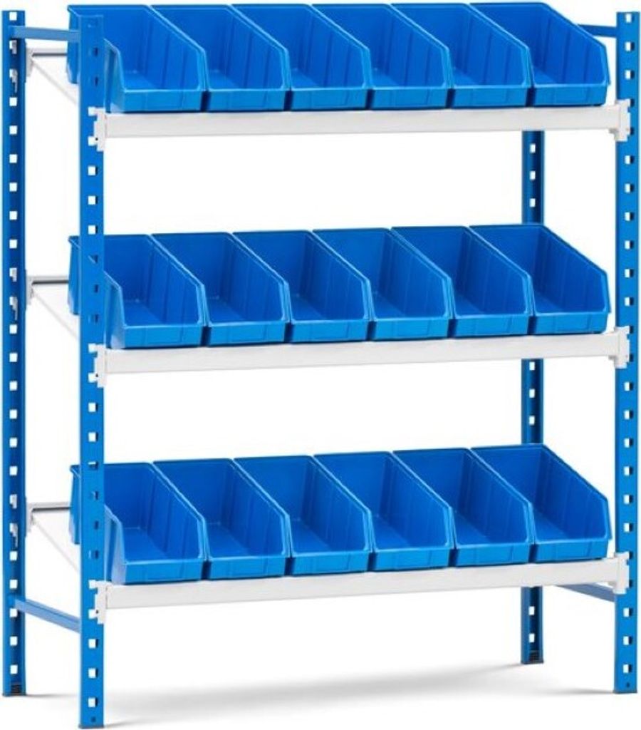 Schrägbodenregal MAXIMUS mit 18x Sichtlagerboxen à 5,6L | Fachlast 130kg | Grundregal | HxBxT 120x100x40cm | 3 Ebenen | Lichtblau/Lichtgrau