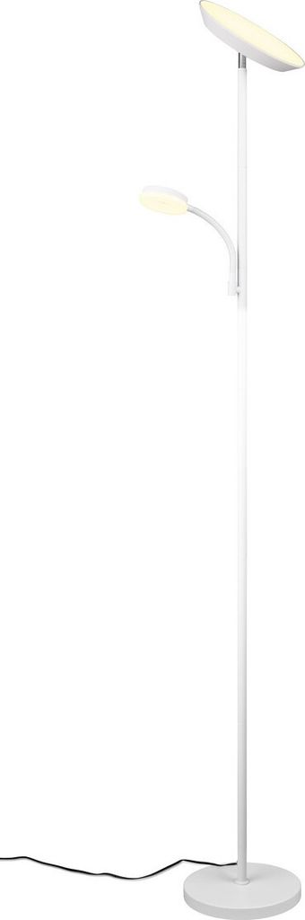 A white floor lamp with two lights, one larger and one smaller and adjustable.