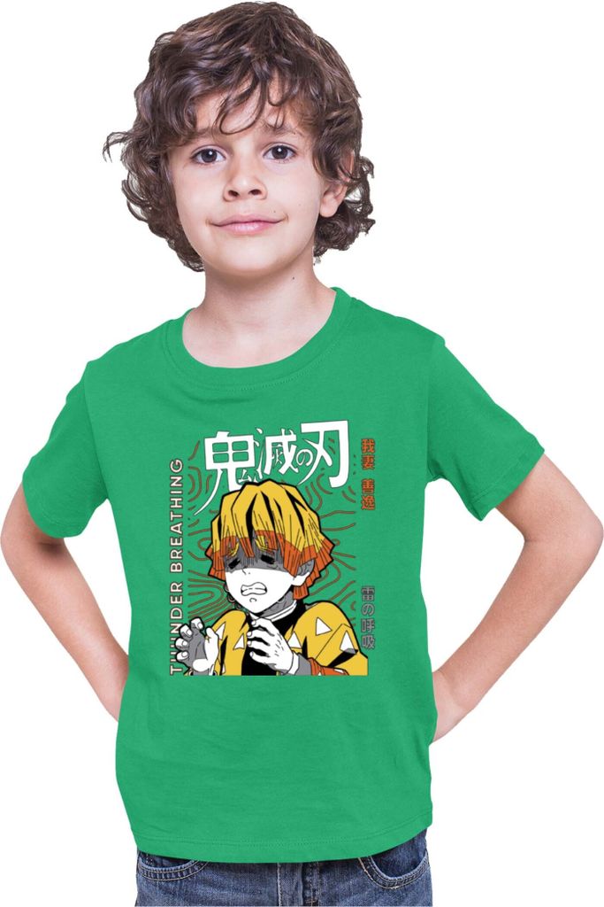Kinder T-Shirt Demon Anime Slayer Kimetsu No Yaiba Zenitsu Agatsuma 002, 12-13 Jahr - 152 / Grün