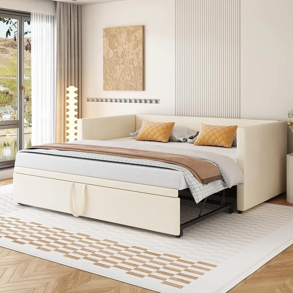 Canapé-lit en velours beige 90/180x200 cm avec sommiers à lattes