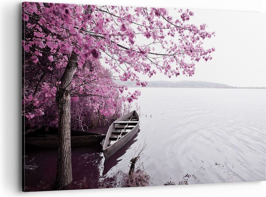 Bild auf Leinwand - Leinwandbild - Einteilig - See Rosa Bäume - 100x70cm - Wand Bild - Wanddeko - Wandbilder - Leinwanddruck - Bilder - Wanddekora...