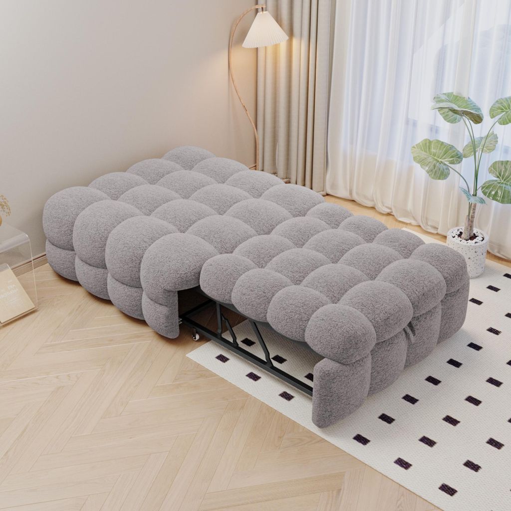 Merax 2-in-1 Fußhocker Schlafsofa Tagesbett aus Teddy-Stoff, Gästebett mit Schaumstoffpolsterung, Polsterbett klappbar, 183x76x42 cm, Grau