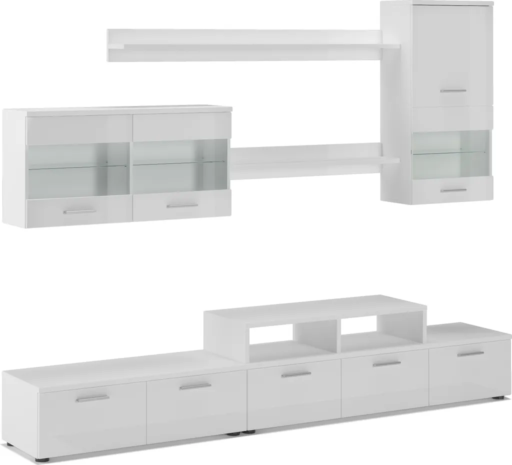 Grand Mur TV Complet ALFA Blanc Mate et Brillant pour Salle à Manger